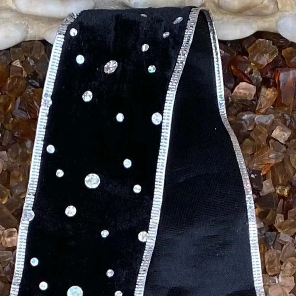 New Black Velvet Silver Sequin Pre-Cut Wire Ribbon. Various Sizes 22 pieces.